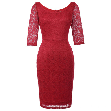 Kate Kasin Women 3/4 Sleeve Crew Neck Hips-Wrapped Red Lace Bodycon Pencil Dress KK000506-2